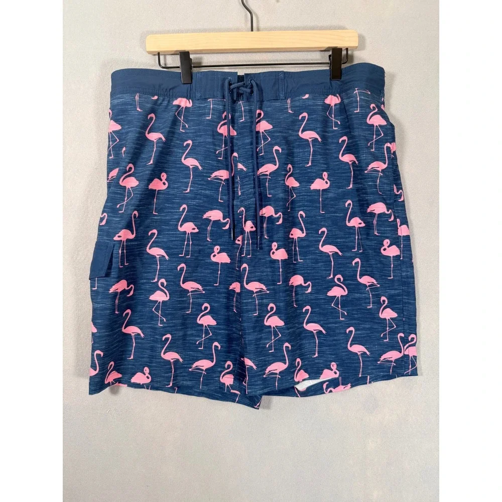 Mens Pink Flamingo Board Shorts Navy Blue Mesh Lined Swim Trunks Size Large‎
